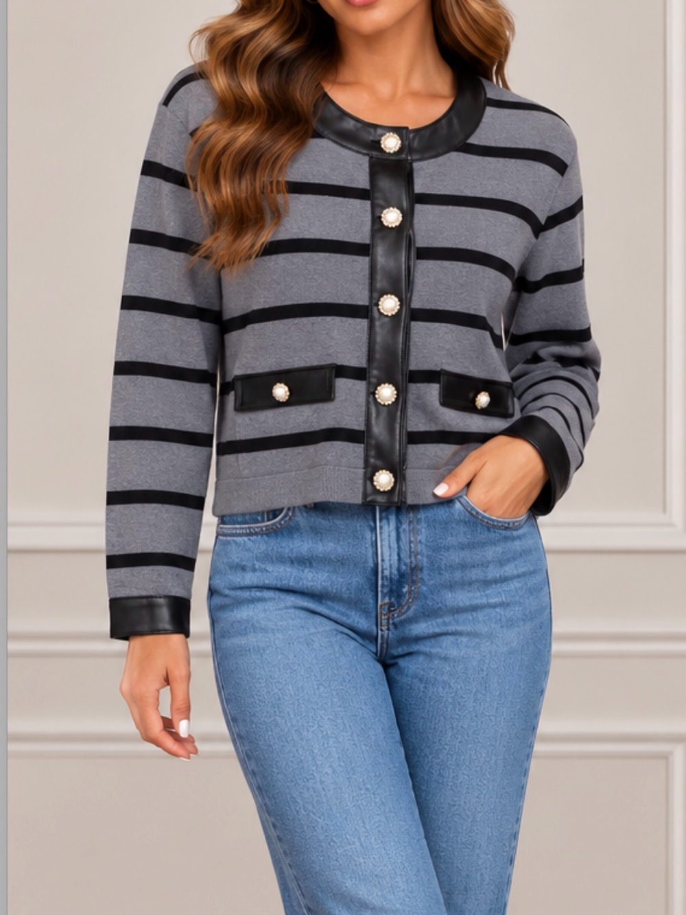 Nanette Lepore Gray and Black Striped Cropped Jacket